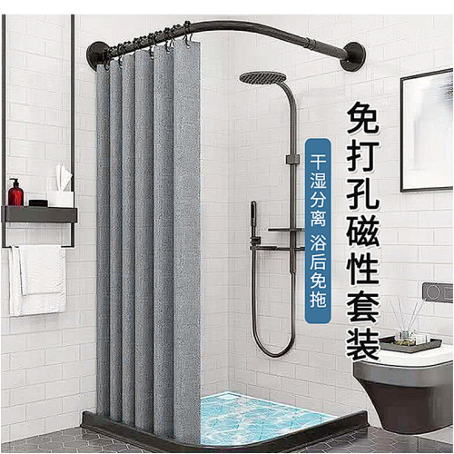 弧形浴簾防水防黴洗澡簾子L形伸縮桿免打孔浴室掛簾衛生間隔斷簾