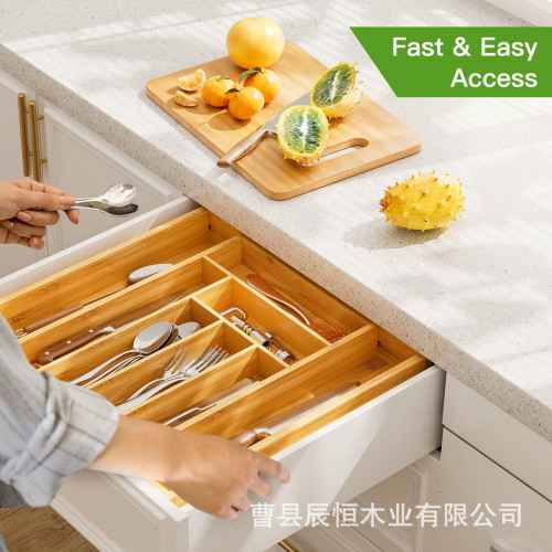 竹製刀具收納盒廚房可伸縮刀叉分割整理盒廚房抽屜式餐具收納盒