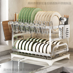不鏽鋼碗碟架廚房置物架台面瀝水架多功能碗盤筷子刀具一體收納架