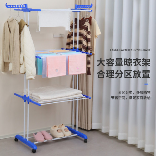 多功能落地三層毛巾架飛翼型晾衣架室內落地折曡移動衣架
