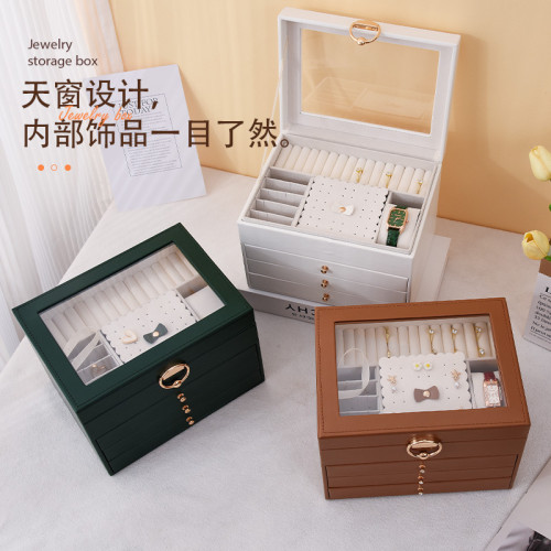 開窗首飾盒大容量四層多功能飾品收納箱項鍊耳釘手串首飾盒