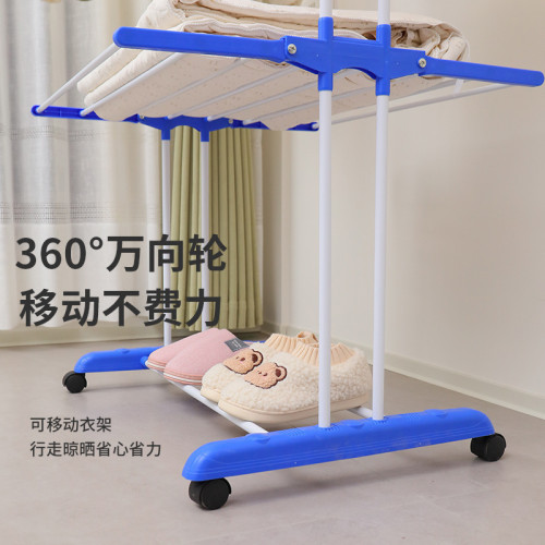 多功能雙桿落地晾衣架可移動三層毛巾架翼型可折曡伸縮晾曬架