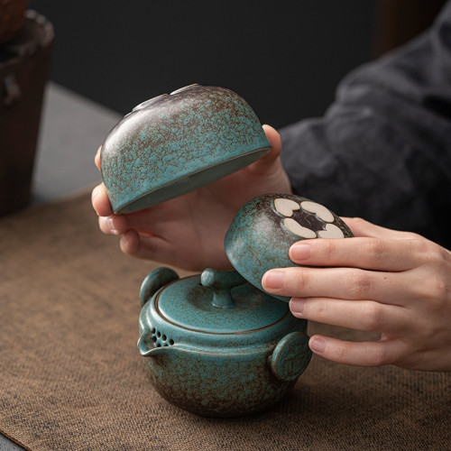 一壺二杯旅行茶具 綠色陶瓷快客杯功夫泡茶杯戶外旅行茶壺小套