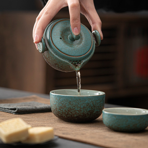 一壺二杯旅行茶具 綠色陶瓷快客杯功夫泡茶杯戶外旅行茶壺小套