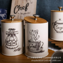 現代簡約客廳廚房餐廳適用竹蓋密封咖啡糖茶葉儲物罐3件套