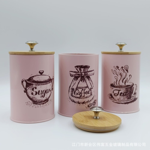 現代簡約客廳廚房餐廳適用竹蓋密封咖啡糖茶葉儲物罐3件套