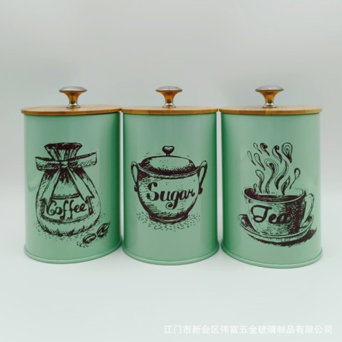 現代簡約客廳廚房餐廳適用竹蓋密封咖啡糖茶葉儲物罐3件套