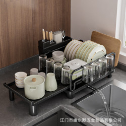 可伸縮廚房水槽瀝水碗碟盤收納架洗碗槽水池碗碟架粘板刀筷