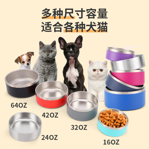 家不鏽鋼圓形狗盆貓盆雙層真空喂食寵物碗大容量狗糧碗