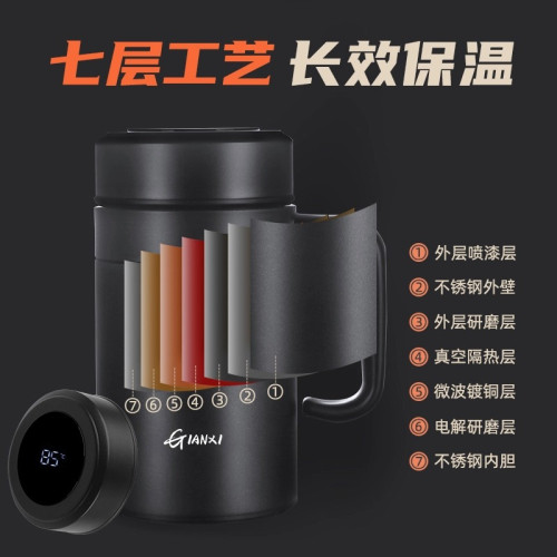 商務男辦公大容量顯溫智能保溫杯 茶水分離帶把保溫水杯