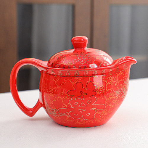 紅雙喜茶具套裝一壺六杯大水壺平口杯禮盒裝喜慶敬茶結婚伴手禮品