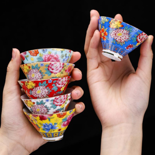 琺瑯彩茶盞扒花斗笠杯陶瓷功夫茶杯套裝品茗杯單杯日式小茶具家用