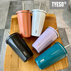 tyeso菱形水杯真空不鏽鋼保溫保冷咖啡杯高顔值大容量車用吸管杯