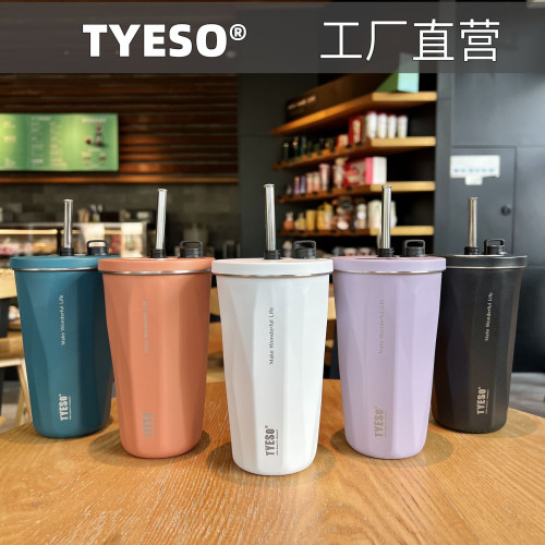 tyeso菱形水杯真空不鏽鋼保溫保冷咖啡杯高顔值大容量車用吸管杯