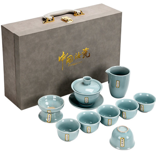 10頭汝窰功夫茶具套裝整套陶瓷全套禮品伴手禮耐高溫禮盒裝一整套