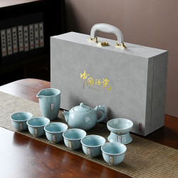 汝窰功夫茶具套裝陶瓷禮盒裝家用整套開片商務禮品伴手禮高檔