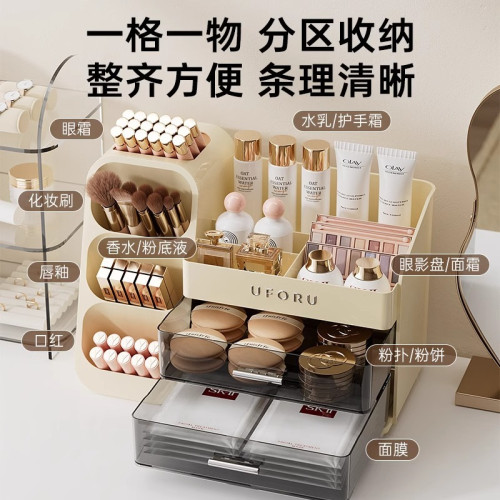 桌面化妝品收納盒梳妝台家用護膚品置物架高級整理盒防塵化妝箱