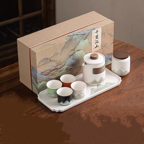 國潮功夫旅行茶具套裝周年慶千里江山一壺四杯快客開業商務伴手禮