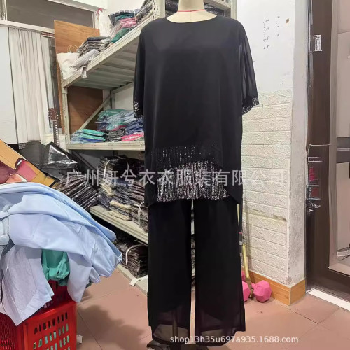 2024歐美新款夏季雪紡圓領短袖珠片拼接長褲休閒套裝女