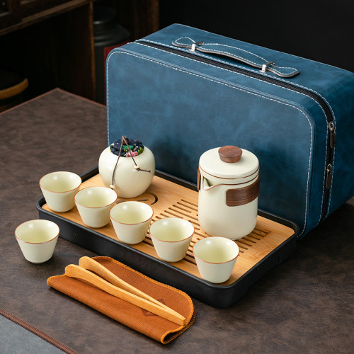 汝窰茶壺蓋碗功夫茶具可攜式旅行茶具套裝簡約泡茶商務活動禮品
