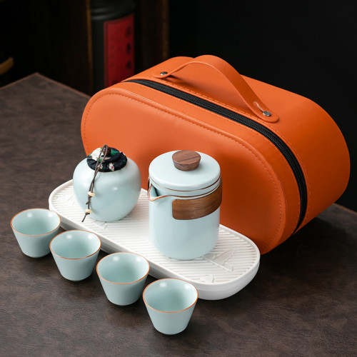 汝窰茶壺蓋碗功夫茶具可攜式旅行茶具套裝簡約泡茶商務活動禮品