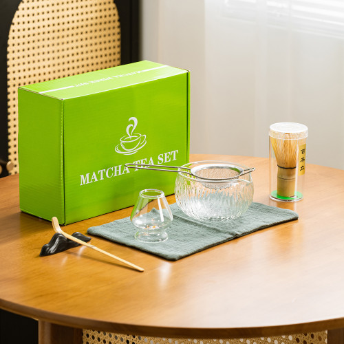 玻璃抹茶茶具7件套透明高硼矽黑色日式禮品盒套裝抹茶碗茶筅