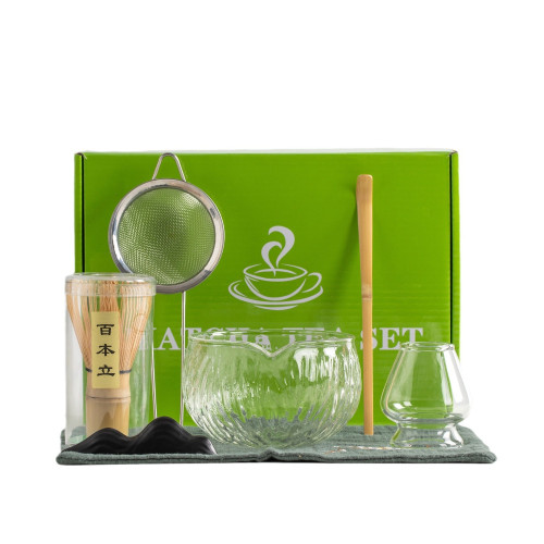 玻璃抹茶茶具7件套透明高硼矽黑色日式禮品盒套裝抹茶碗茶筅