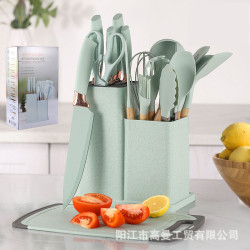 櫸木柄矽膠廚具19件套廚房烹飪帶收納桶廚房刀具組合套裝