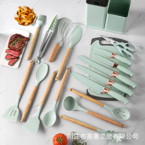 櫸木柄矽膠廚具19件套廚房烹飪帶收納桶廚房刀具組合套裝