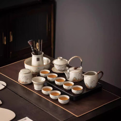 米黃汝窰功夫茶具套裝家用輕奢茶壺蓋碗泡茶辦公陶瓷茶杯茶盤整套