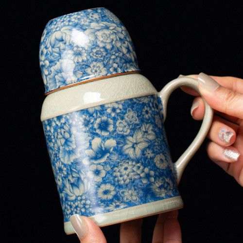 汝窰創意小暖壺馬克杯帶蓋陶瓷燜茶杯中式保溫杯辦公杯帶手柄水杯