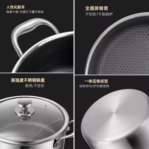 316不鏽鋼蜂窩湯鍋不沾鍋家用蒸煮燉鍋電磁爐瓦斯爐煲湯鍋火鍋