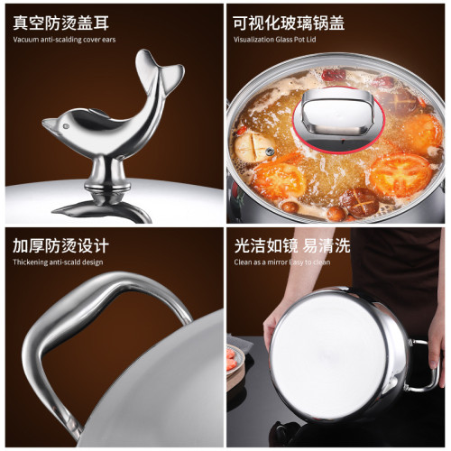 無塗層18/10不鏽鋼湯鍋家用加厚蒸煮雙耳煲湯鍋燉鍋電磁爐通用