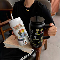 史努比保溫杯大毫升2025大容量吸管水杯不鏽鋼學生保溫杯高顔值