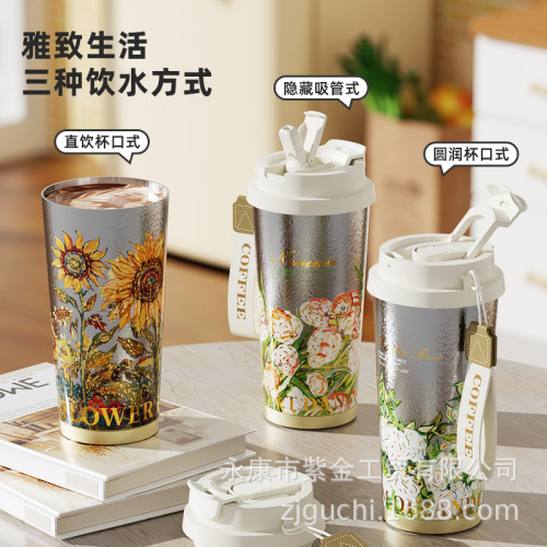 新款純鈦保溫吸管杯女輕奢高級感可攜式保冷杯高顔值車用咖啡杯