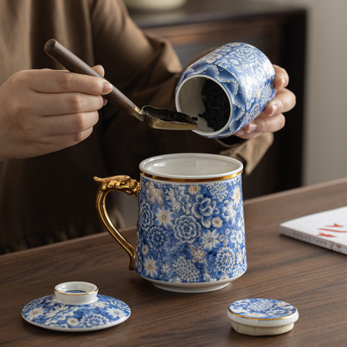 風羊脂玉瓷手工鎏金辦公杯茶水分離家用個人泡茶杯商務伴手禮