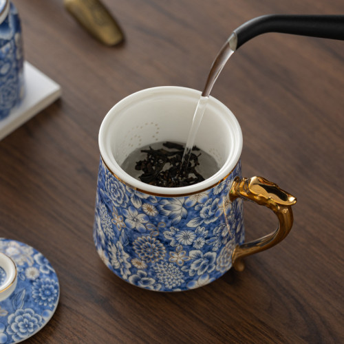風羊脂玉瓷手工鎏金辦公杯茶水分離家用個人泡茶杯商務伴手禮