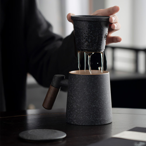 青石釉茶水分離泡茶杯子馬克杯帶蓋男女個人專用水杯茶杯定
