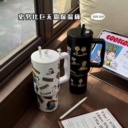 史努比新款手柄汽車杯保溫冰霸杯車用戶外可攜式大容量吸管杯
