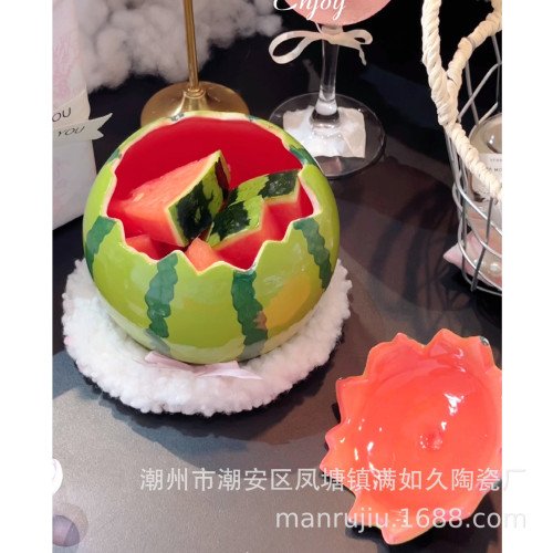 西瓜陶瓷泡麵碗帶蓋湯飯碗大容量水果沙拉甜品碗高顔值可愛微波爐