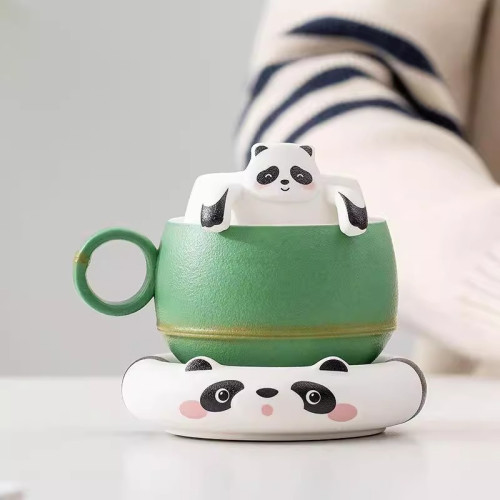 創意熊貓咖啡杯碟套裝帶勺子高檔精緻杯子女陶瓷高顔值馬克杯禮物