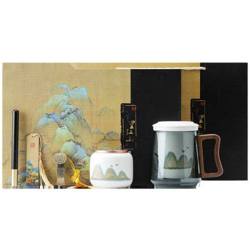 陶瓷辦公杯千里江山茶水分離杯商務禮品通用禮盒套裝文創國潮禮物