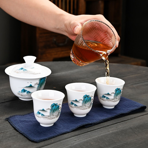 旅行茶具蓋碗茶杯戶外功夫茶具小套裝可攜式快客杯羊脂玉白瓷禮品