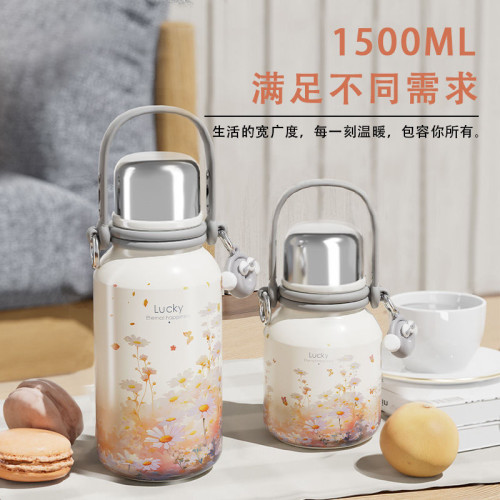 新款316不鏽鋼保溫杯高顔值大容量情侶戶外可攜式水壺帶提手