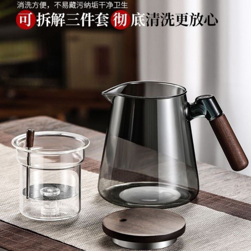 飄逸杯泡茶壺2024新款胡桃木把手玻璃內膽一鍵過濾按壓式沖茶壺