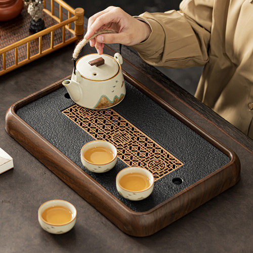 高檔仿烏金石茶盤家用茶台瀝水盤茶托盤茶具2024新款茶海套裝乾泡
