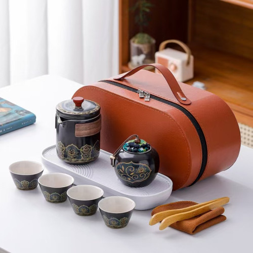 大量古韻旅行茶具套裝一壺四杯配陶瓷茶葉罐茶盤春節禮品茶具