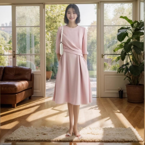 2691大碼女裝法式船領腰間捏褶網紅連衣裙胖mm簡約時尚中長款裙子