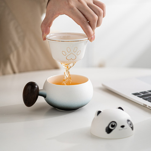 創意可愛熊貓陶瓷馬克杯家用辦公室茶咖杯帶過濾水杯商務禮品套裝