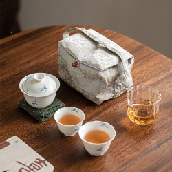 陶物集旅行茶具套組小清新手繪蘭花蓋碗茶杯可攜式套裝戶外茶碗禮品
